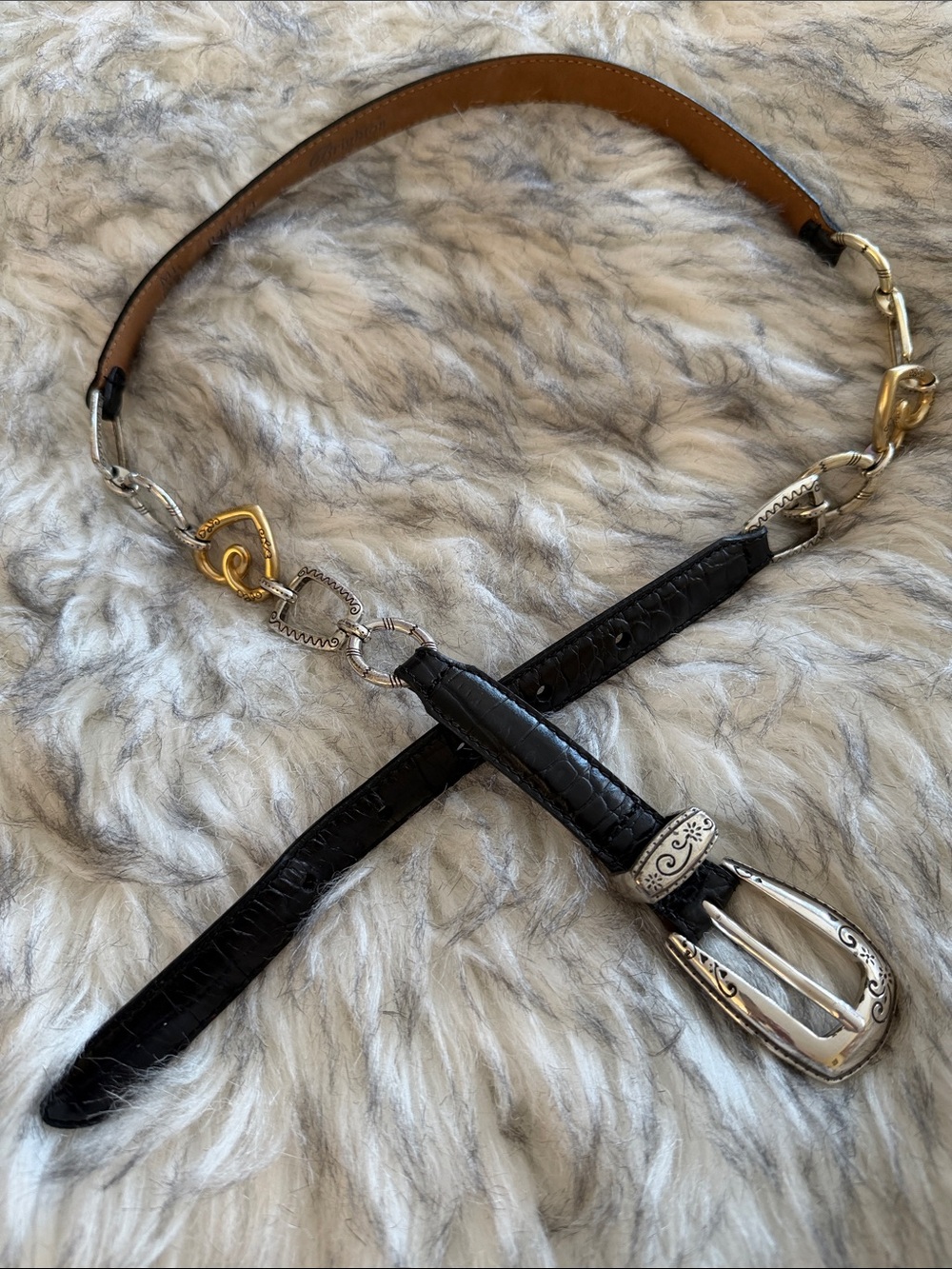 Vintage Brighton Black Leather Belt with Mixed Metal Chain Accents